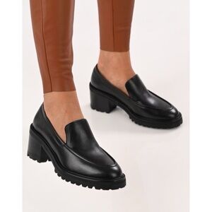 FLATTERED | Saga Black Leather Chunk Lug Sole Heeled Loafers |  Sz 10